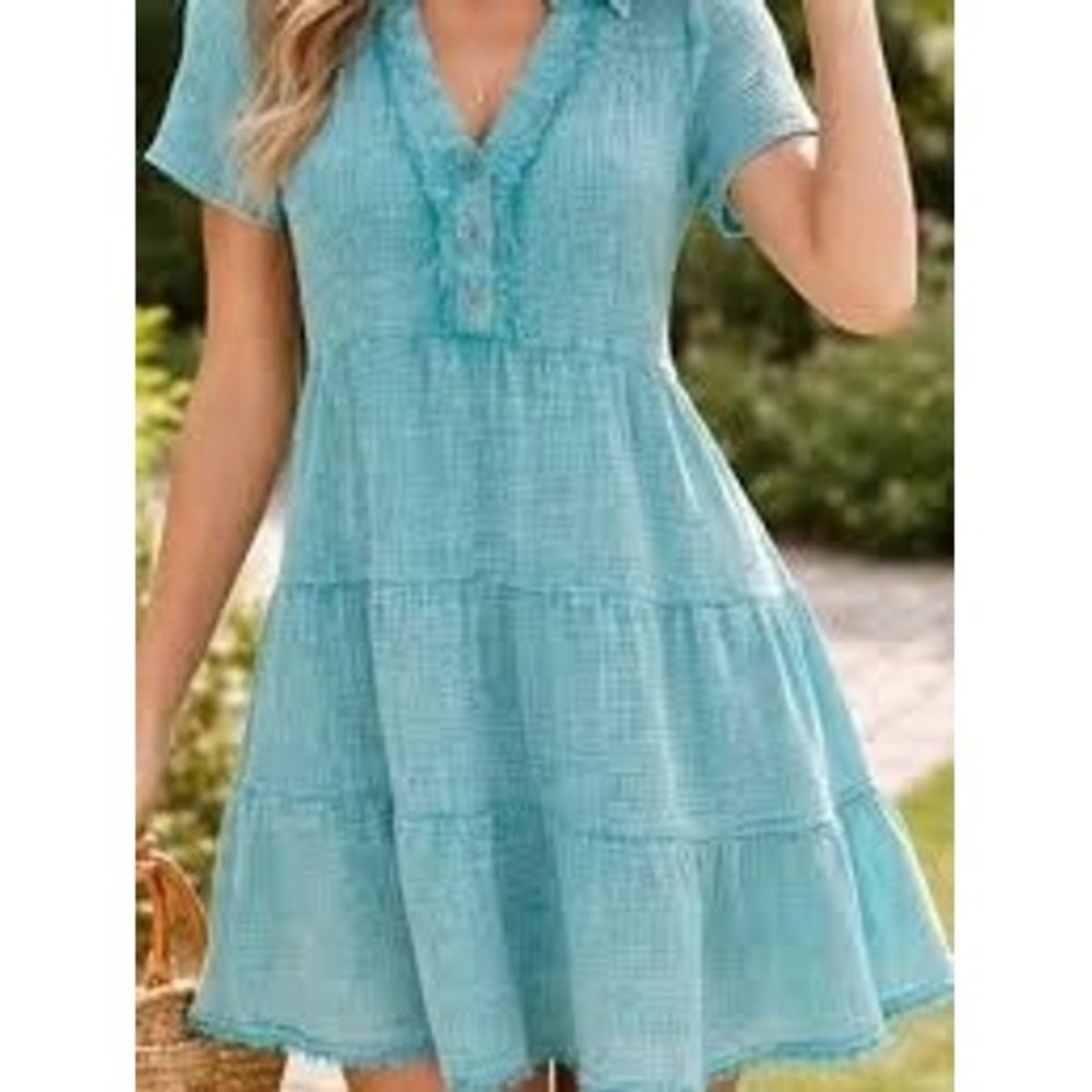 055 Umgee Plus Teal Blue Cotton Gauze Tiered Frayed Hem Dress (XL, NWT)